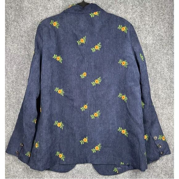 Listicle Floral Embroidered Corduroy Blazer Navy Blue L Boho Cottagecore preppy - Picture 4 of 7